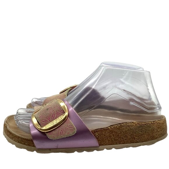 Birkenstock Madrid Gold Big Buckle Sandals 5 36 Pink Print Single Strap Slide - Picture 7 of 12